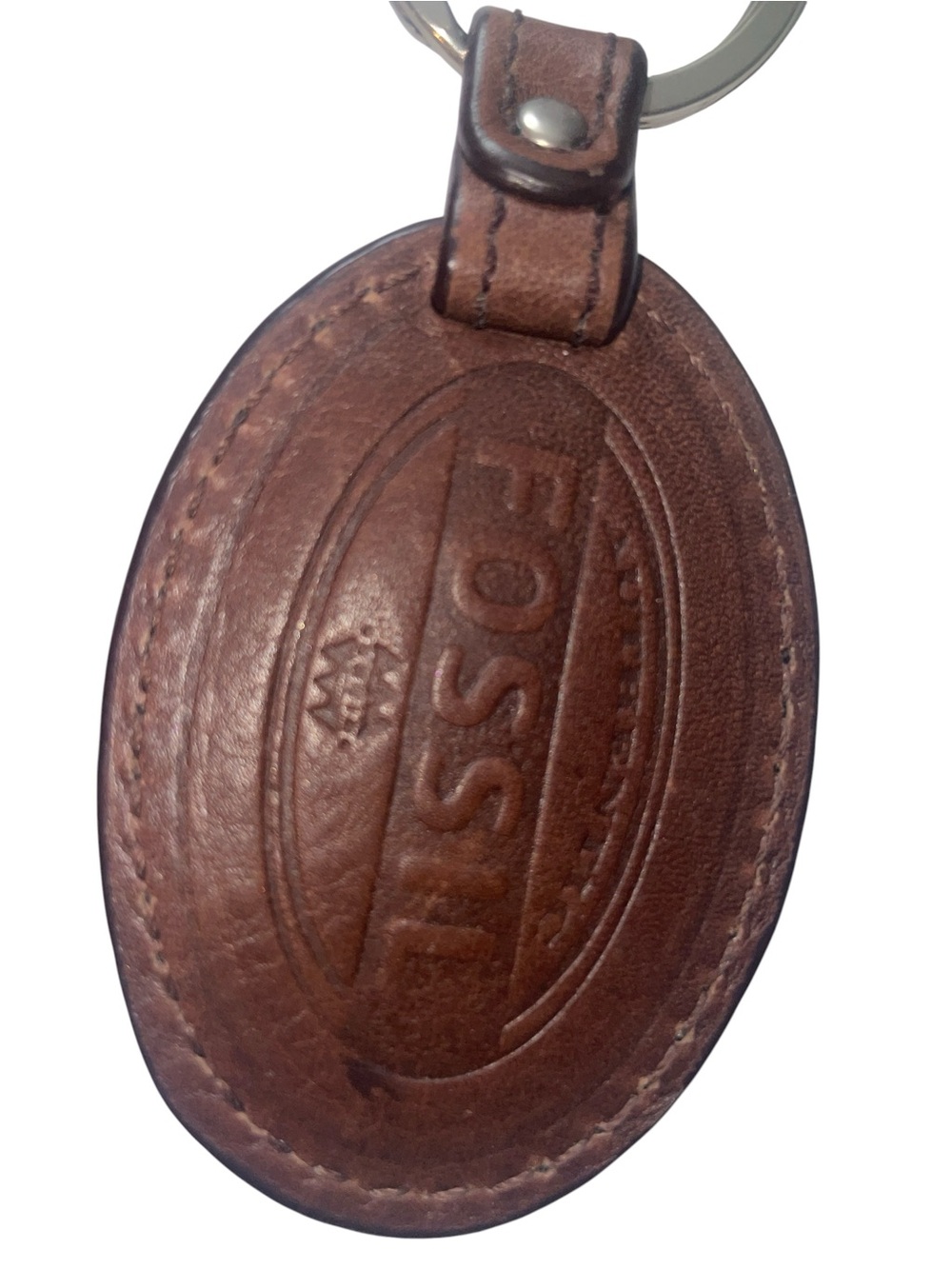 Vintage Leather Fossil Oval Keyring Key Fob With Original Metal Skeleton Key - Picture 5 of 7